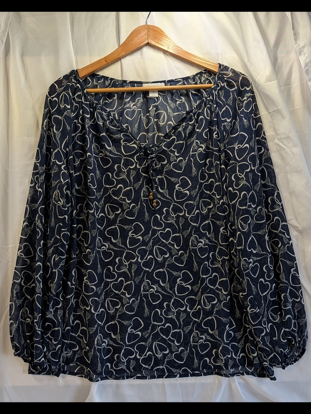 Charter Club Women’s Sheer Navy Heart-Print Peasant Blouse Size 1XL